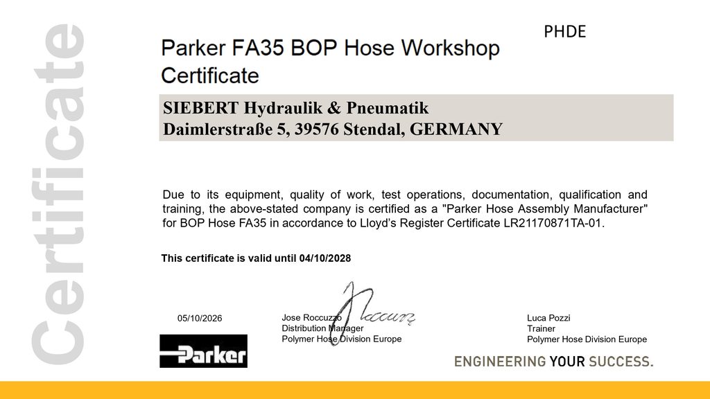 Zertifikat Parker FA35 BOP für Siebert Hydraulik